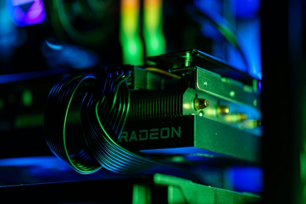 Close-up of an AMD Radeon Graphics Card with RGB Lights